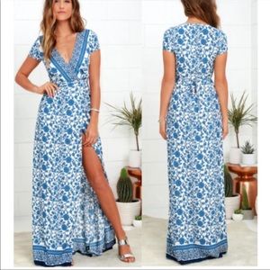 Lulu's French Doors Ivory and Blue Floral Print Wrap Boho Vacation Maxi Dress